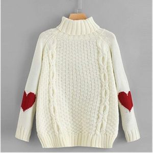 High Neck Off White Heart Print Sweater S size
